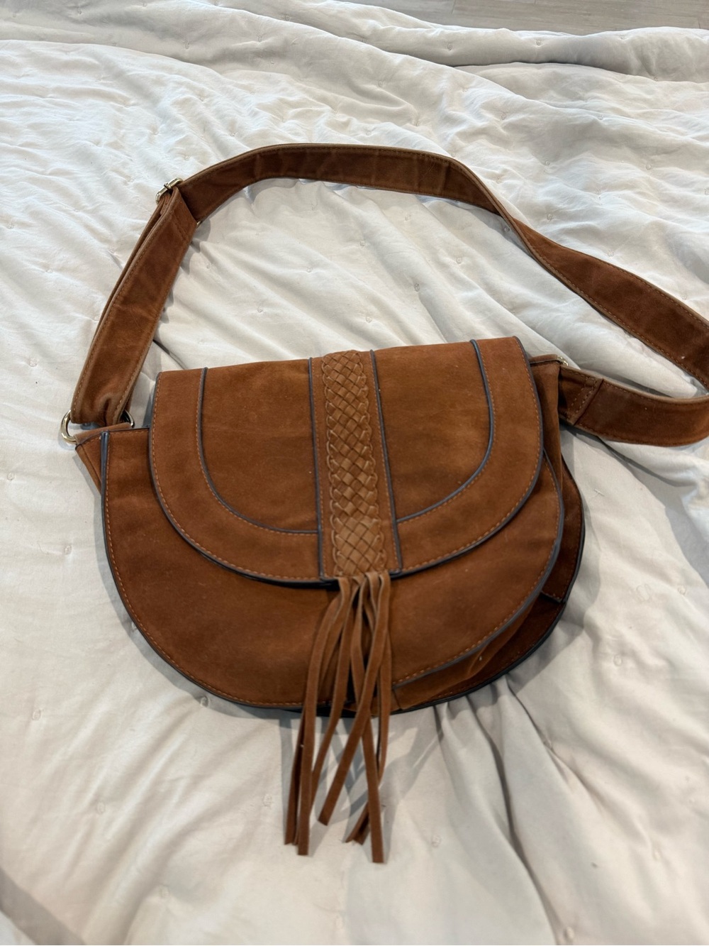 JustFab Brown Suede Braided Fringe Crossbody western boho flair purse